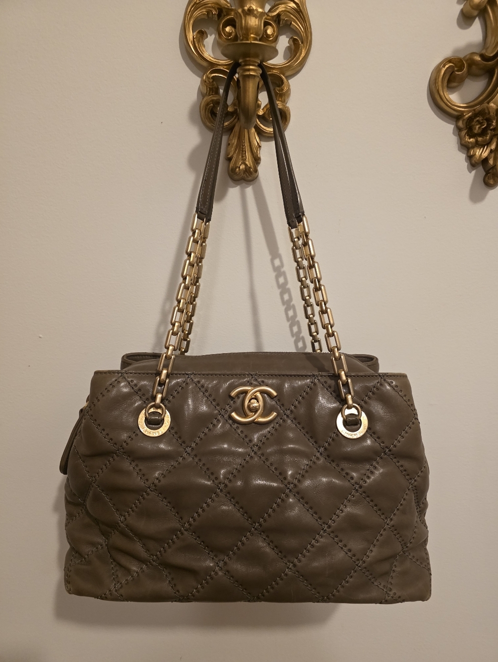 Chanel Taupe Quilted Shoulder Bag with Gold Accents